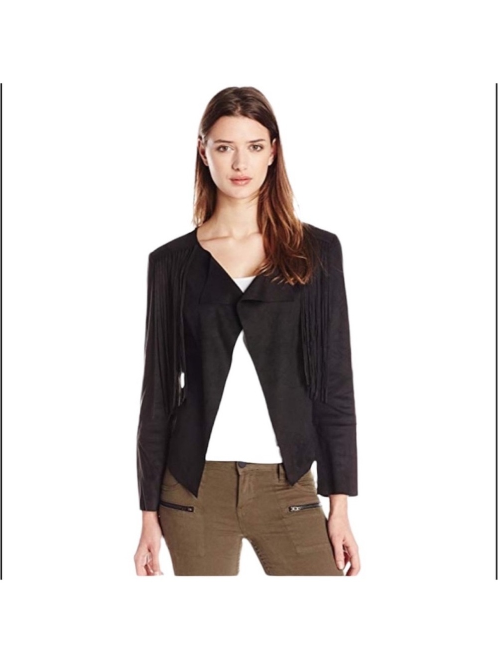 Buffalo David Bitten faux suede fringe accent open front jacket size medium